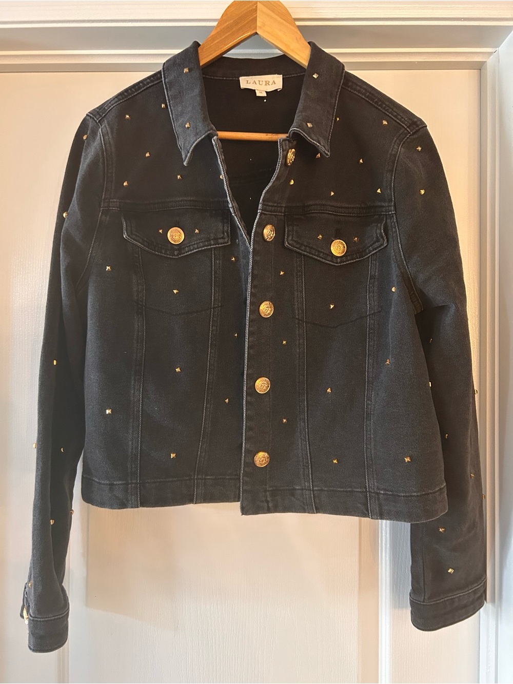 Laura Black Studded Denim Jacket with Gold Buttons